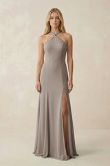 Frost Halter Chiffon Mermaid Ruched Bridesmaid Dress | KISSBRIDAL