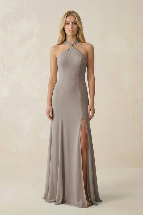 Frost Halter Chiffon Mermaid Ruched Bridesmaid Dress | KISSBRIDAL