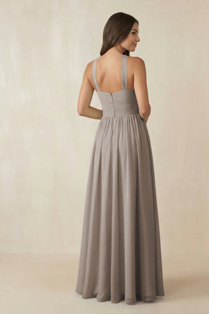 Frost Halter Neck Ruched A-Line Chiffon Bridesmaid Dress (2) | KISSBRIDAL