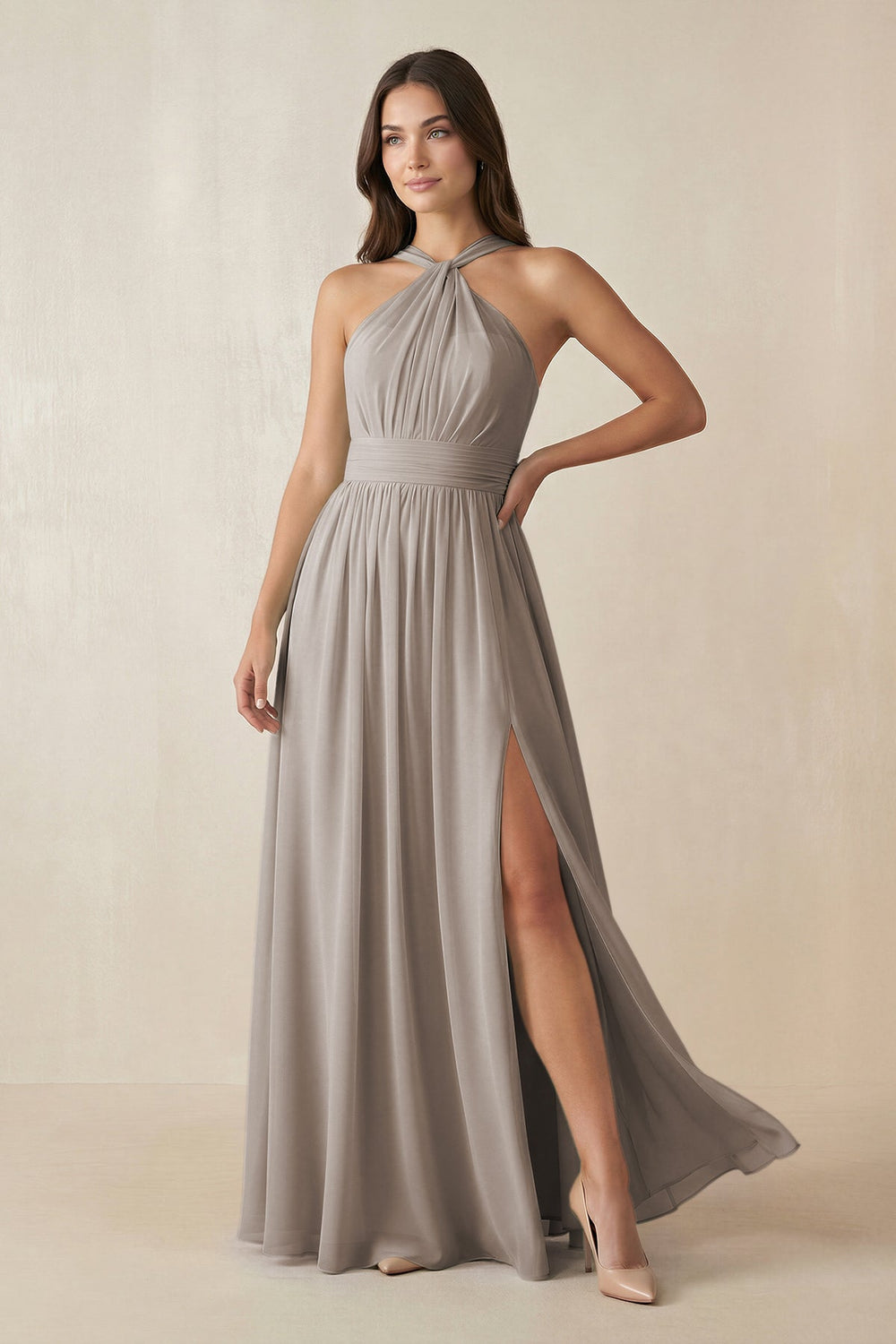 Halter Neck Ruched A-Line Chiffon Bridesmaid Dress in Frost