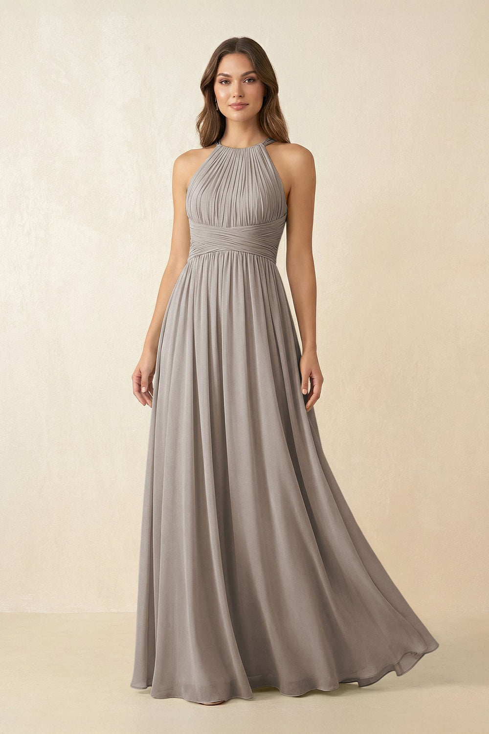 Halter Pleated A-Line Chiffon Bridesmaid Dress in Frost
