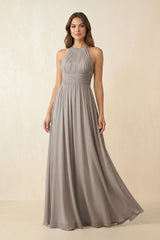 Frost Halter Pleated A-Line Chiffon Bridesmaid Dress | KISSBRIDAL