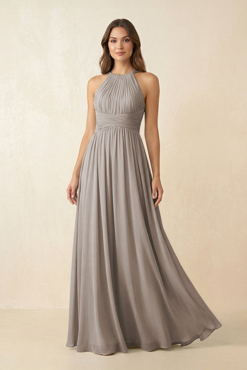 Frost Halter Pleated A-Line Chiffon Bridesmaid Dress | KISSBRIDAL