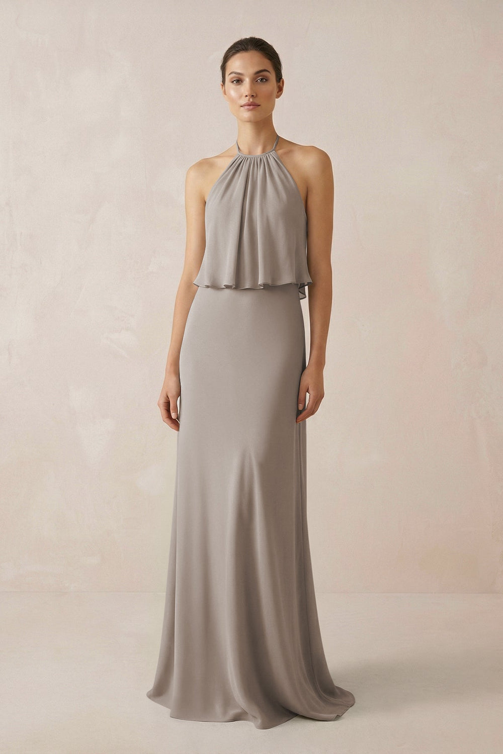 Halter Sheath Ruffled Chiffon Bridesmaid Dress in Frost