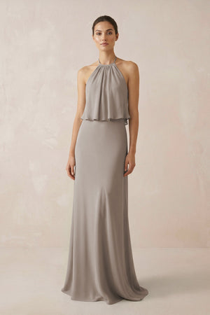 Frost Halter Sheath Ruffled Chiffon Bridesmaid Dress | KISSBRIDAL