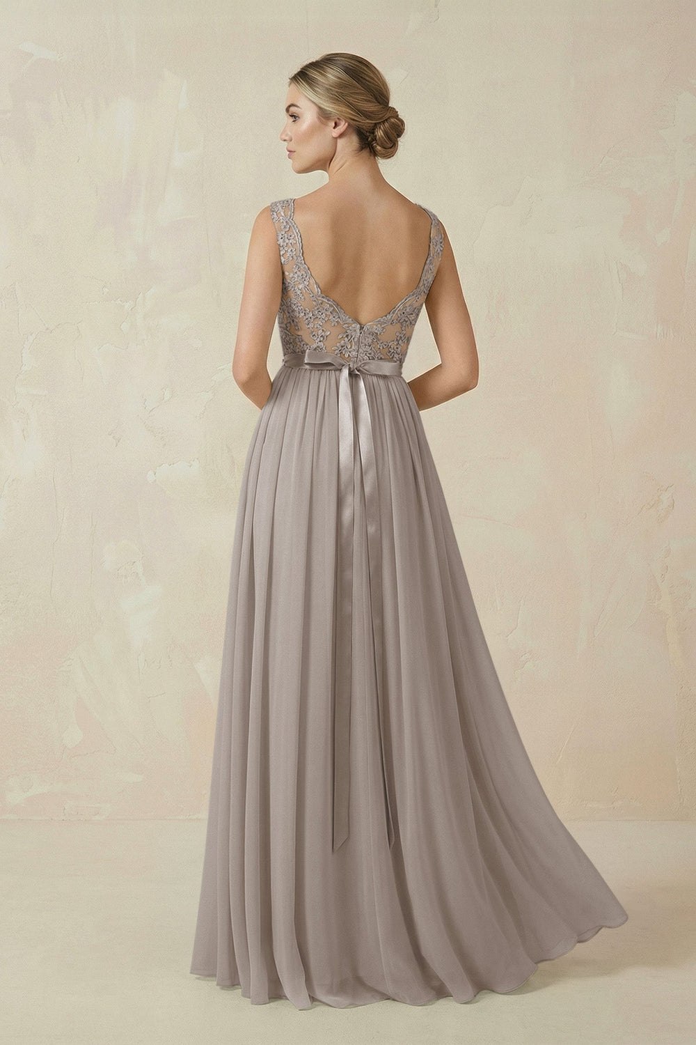 Lace A-Line Bateau Neck Chiffon Long Bridesmaid Dress in Frost