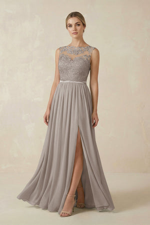 Frost Lace A-Line Bateau Neck Chiffon Long Bridesmaid Dress | KISSBRIDAL