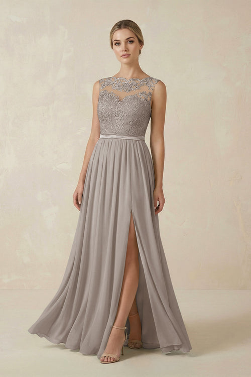 Frost Lace A-Line Bateau Neck Chiffon Long Bridesmaid Dress | KISSBRIDAL