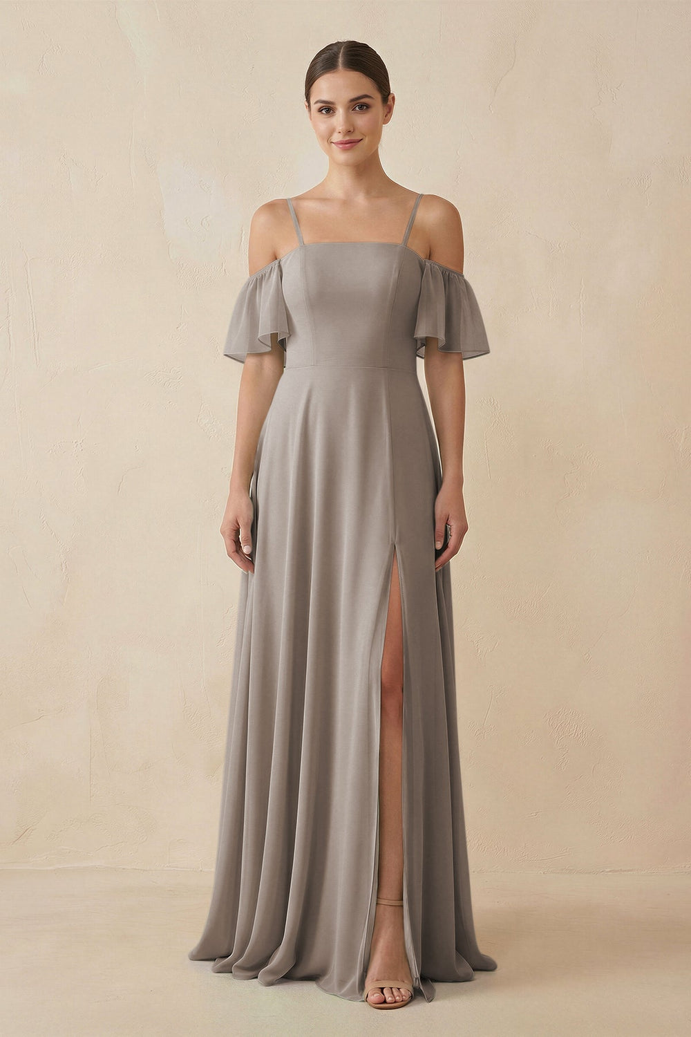 Off-the-Shoulder A-Line Chiffon Bridesmaid Dress in Frost