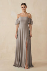 Frost Off-the-Shoulder A-Line Chiffon Bridesmaid Dress | KISSBRIDAL