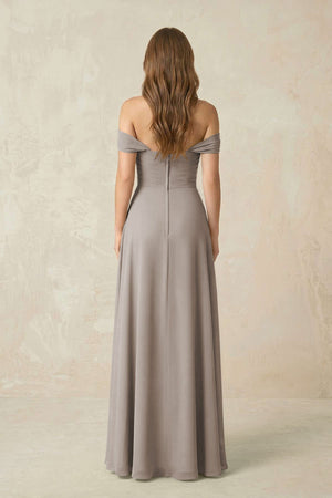 Frost Off-the-Shoulder A-Line Chiffon Pleated Bridesmaid Dress (2) | KISSBRIDAL