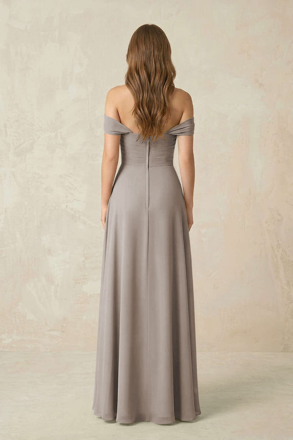 Frost Off-the-Shoulder A-Line Chiffon Pleated Bridesmaid Dress (2) | KISSBRIDAL