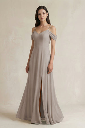 Frost Off-the-Shoulder Chiffon A-Line Bridesmaid Dress | KISSBRIDAL