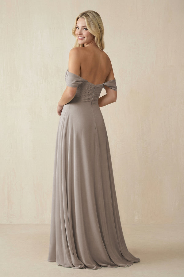 Frost Off-the-Shoulder Chiffon A-Line Long Bridesmaid Dress (2) | KISSBRIDAL