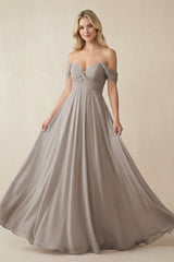 Frost Off-the-Shoulder Chiffon A-Line Long Bridesmaid Dress | KISSBRIDAL
