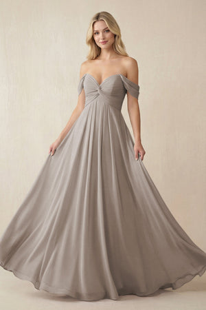 Frost Off-the-Shoulder Chiffon A-Line Long Bridesmaid Dress | KISSBRIDAL