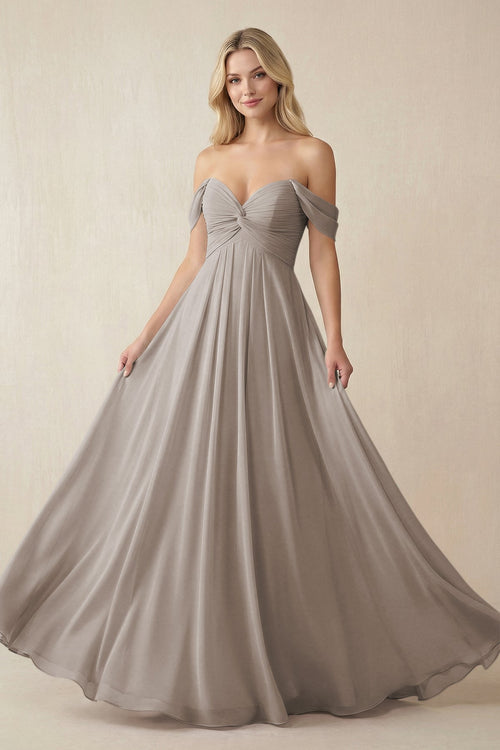 Frost Off-the-Shoulder Chiffon A-Line Long Bridesmaid Dress | KISSBRIDAL