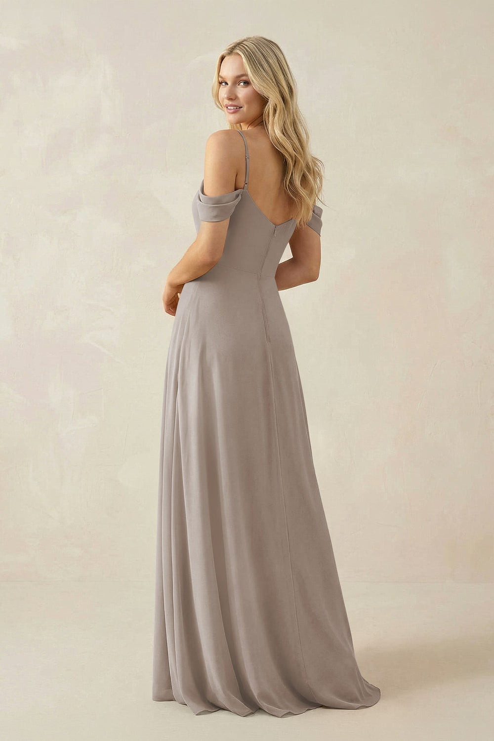 Off-the-Shoulder Chiffon A-Line Maxi Bridesmaid Dress in Frost