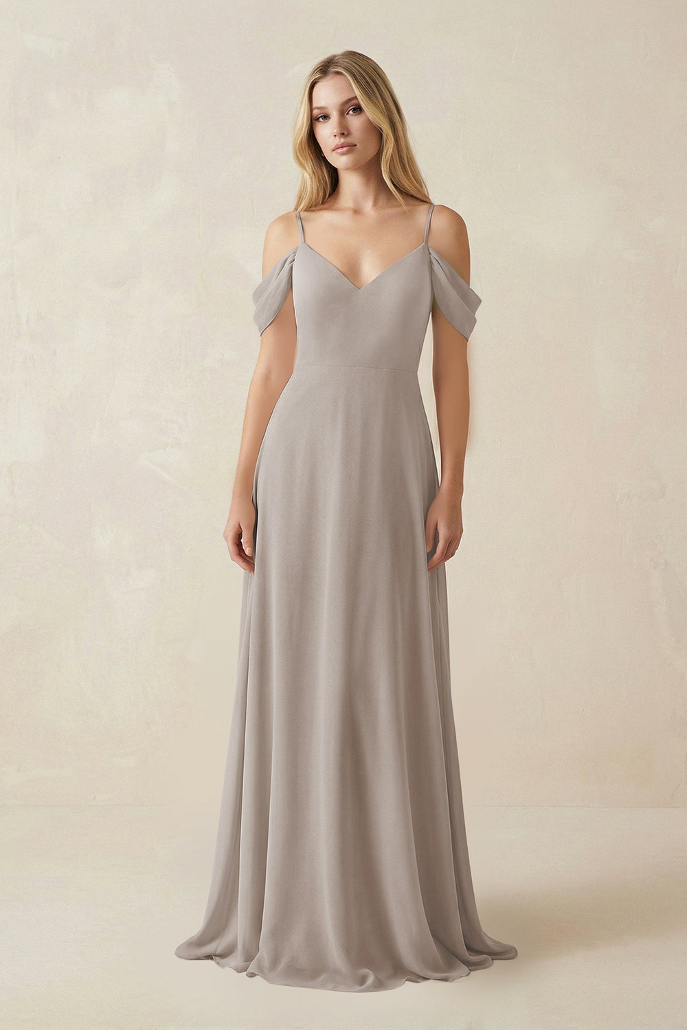 Off-the-Shoulder Chiffon A-Line Maxi Bridesmaid Dress in Frost