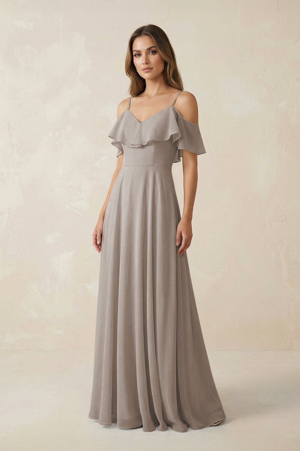 Off-the-Shoulder Ruffled A-Line Chiffon Bridesmaid Dress in Frost