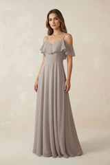 Frost Off-the-Shoulder Ruffled A-Line Chiffon Bridesmaid Dress | KISSBRIDAL