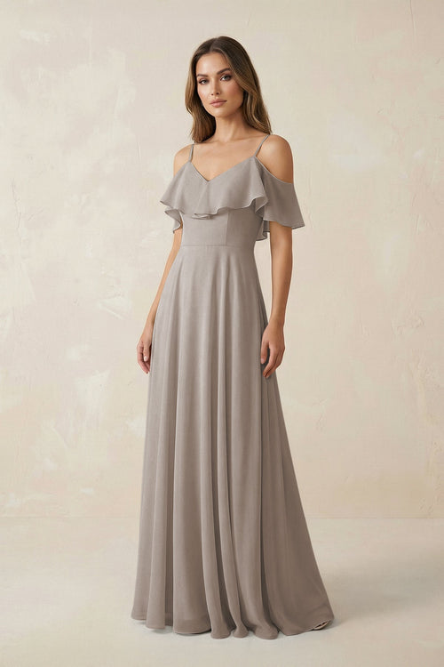 Frost Off-the-Shoulder Ruffled A-Line Chiffon Bridesmaid Dress | KISSBRIDAL