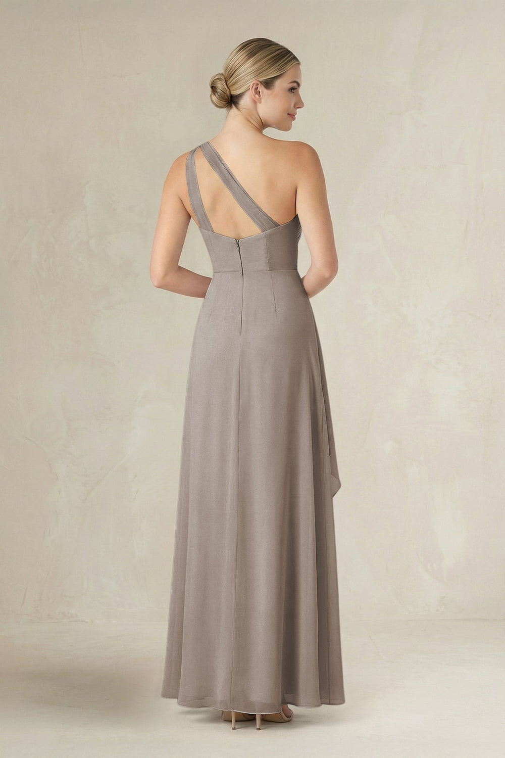 One-Shoulder Sheath Ruched Ruffled Bridesmaid Dress in Frost