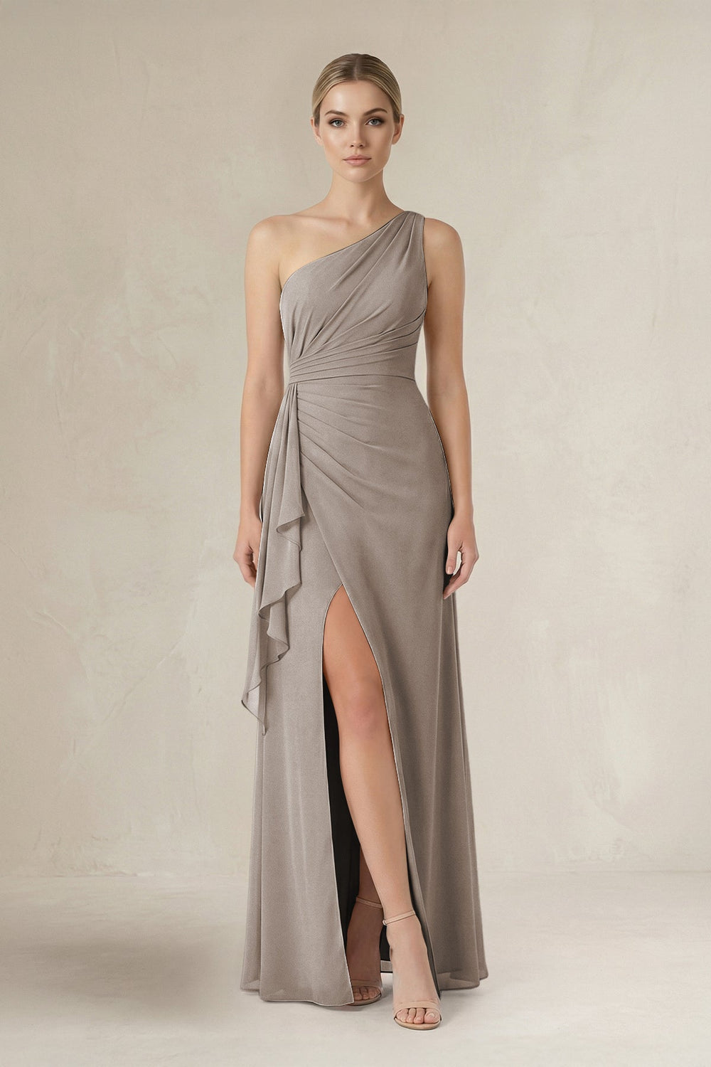One-Shoulder Sheath Ruched Ruffled Bridesmaid Dress in Frost