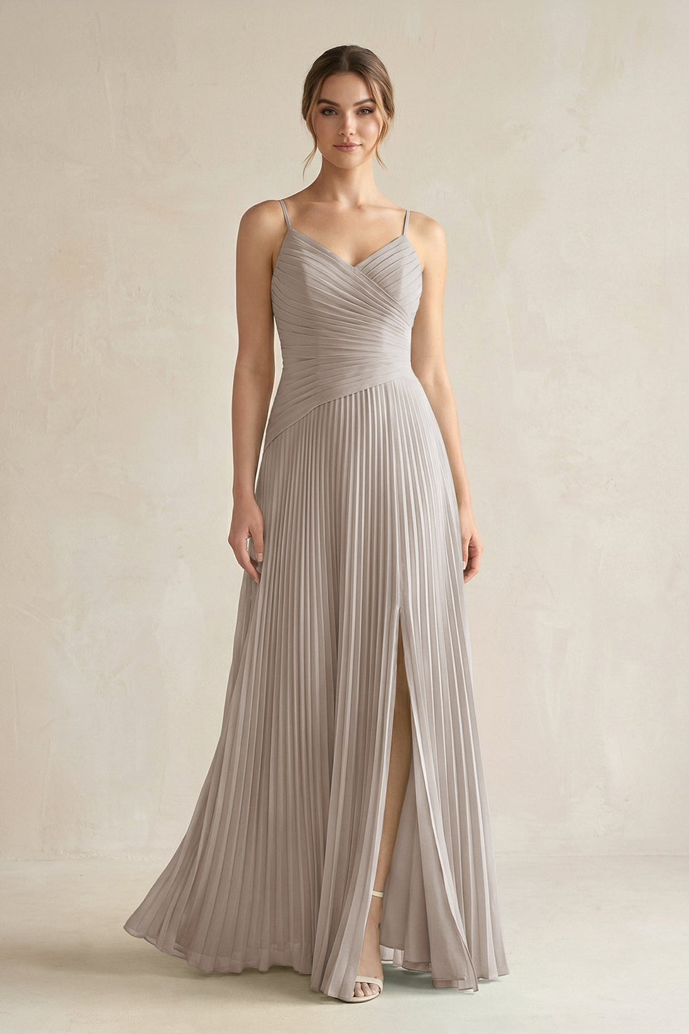 Pleated A-Line Long Chiffon Bridesmaid Dress in Frost