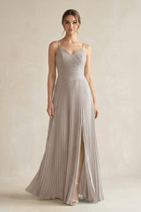 Frost Pleated A-Line Long Chiffon Bridesmaid Dress | KISSBRIDAL
