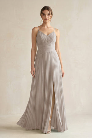 Frost Pleated A-Line Long Chiffon Bridesmaid Dress | KISSBRIDAL