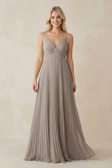 Frost Pleated V-Neck A-Line Chiffon Bridesmaid Dress | KISSBRIDAL