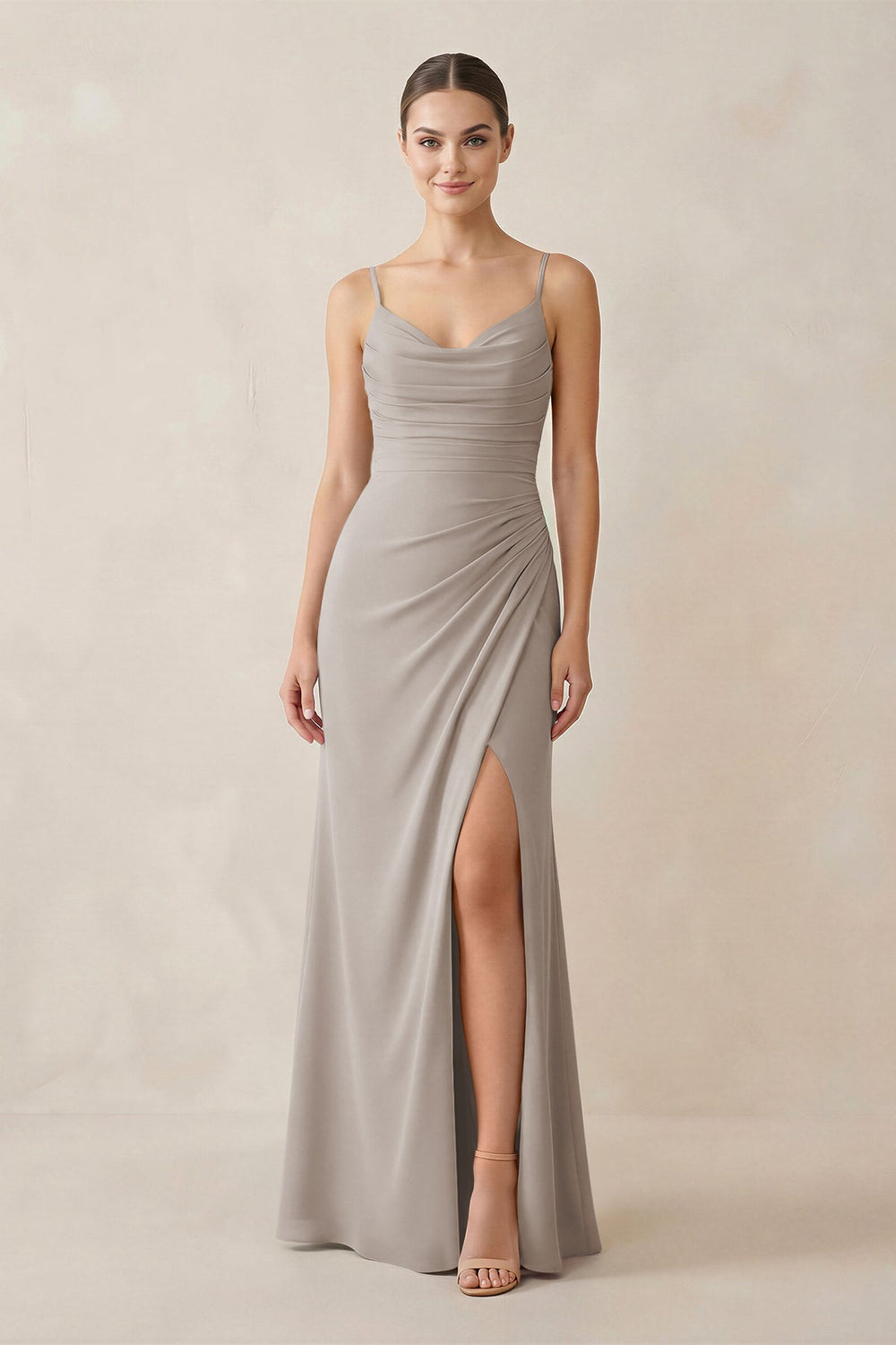 Ruched Sheath Spaghetti Strap Chiffon Bridesmaid Dress in Frost