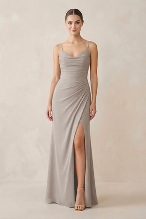 Frost Ruched Sheath Spaghetti Strap Chiffon Bridesmaid Dress | KISSBRIDAL