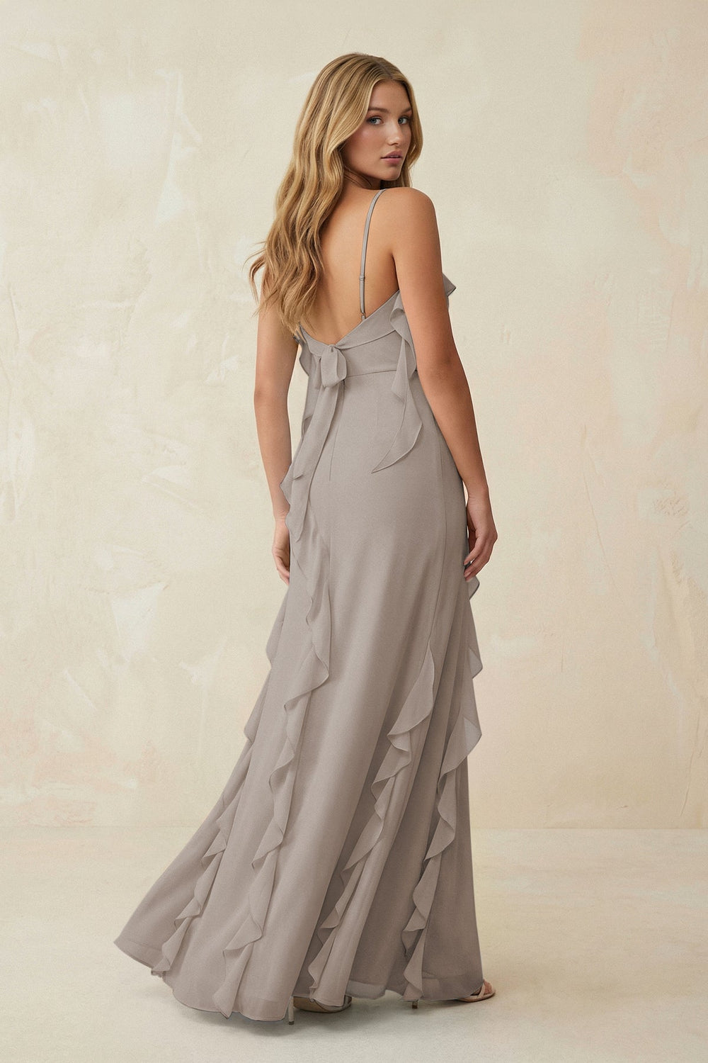 Ruffled Cami Strap Chiffon Sheath Bridesmaid Dress in Frost