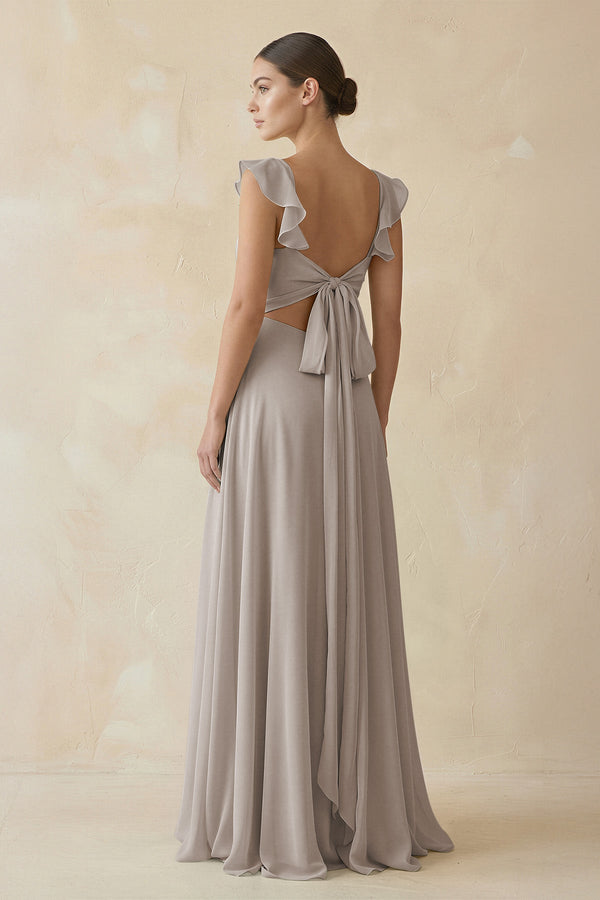 Frost Ruffled Chiffon A-Line Long Bridesmaid Dress (2) | KISSBRIDAL