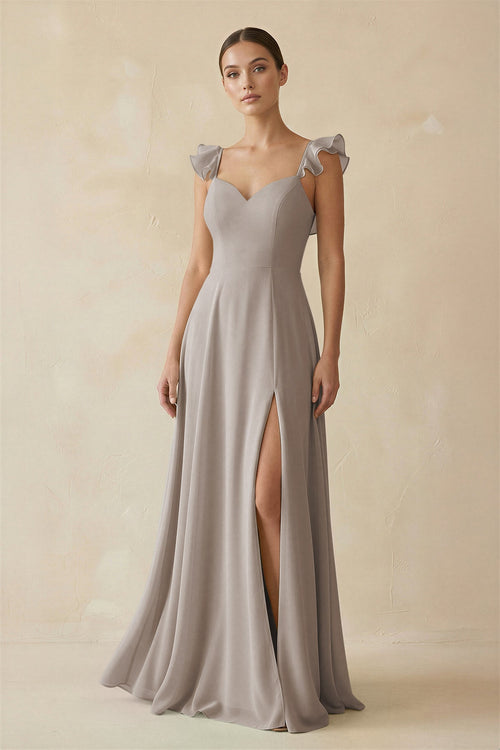 Frost Ruffled Chiffon A-Line Long Bridesmaid Dress | KISSBRIDAL