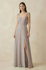 Frost Ruffled Sleeve A-Line Chiffon Bridesmaid Dress | KISSBRIDAL