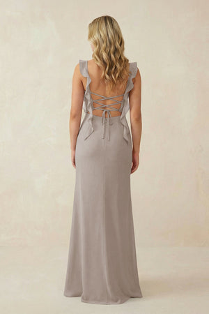 Frost Ruffled Sleeve Ruched Sheath Chiffon Bridesmaid Dress (2) | KISSBRIDAL