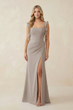 Frost Ruffled Sleeve Ruched Sheath Chiffon Bridesmaid Dress | KISSBRIDAL