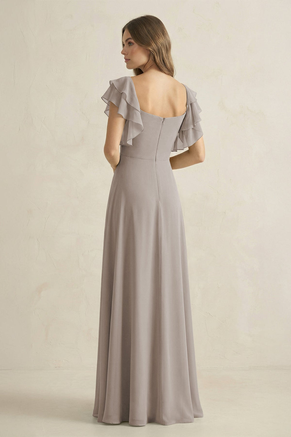 Ruffled Sleeves A-Line Chiffon Bridesmaid Dress in Frost