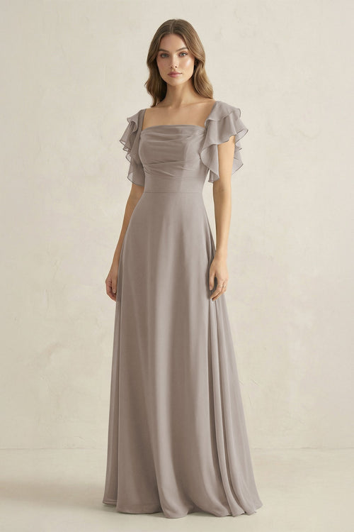 Frost Ruffled Sleeves A-Line Chiffon Bridesmaid Dress | KISSBRIDAL
