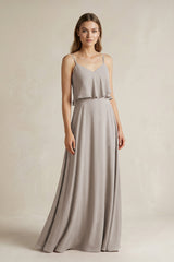Frost Ruffled Spaghetti Strap A-Line Chiffon Bridesmaid Dress in Frost | KISSBRIDAL