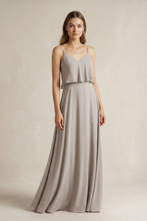 Frost Ruffled Spaghetti Strap A-Line Chiffon Bridesmaid Dress in Frost | KISSBRIDAL