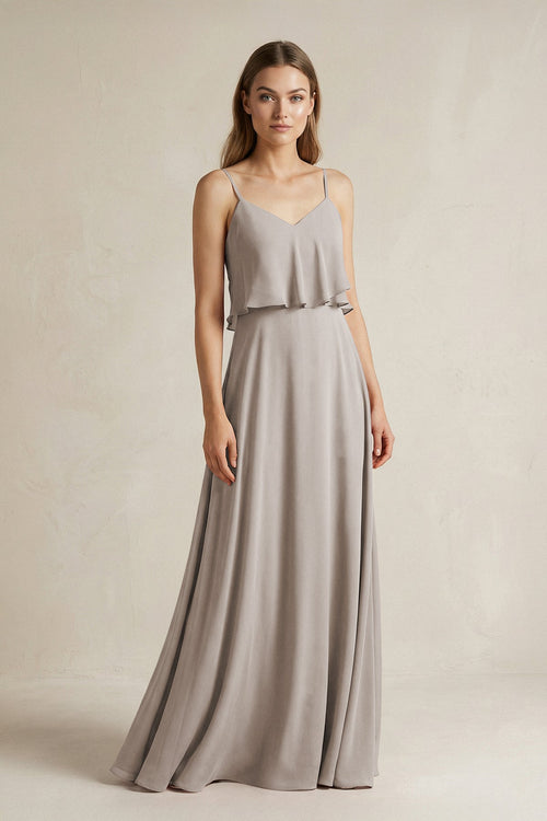 Frost Ruffled Spaghetti Strap A-Line Chiffon Bridesmaid Dress in Frost | KISSBRIDAL