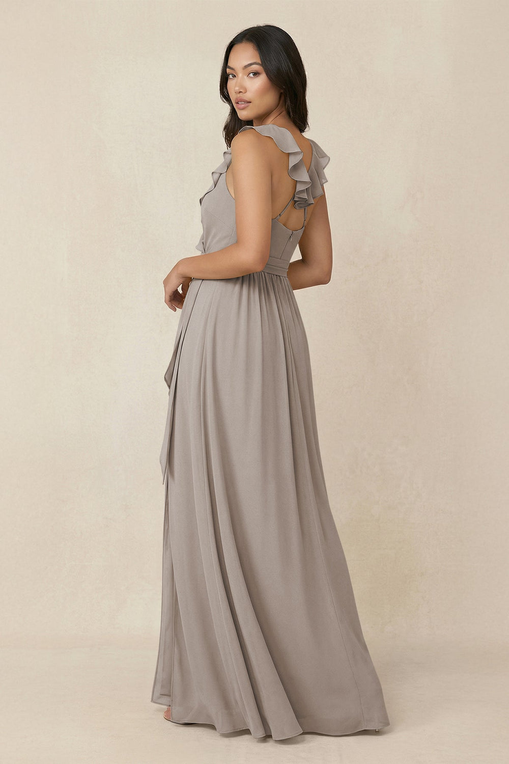 Ruffled V-Neck A-Line Chiffon Bridesmaid Dress in Frost