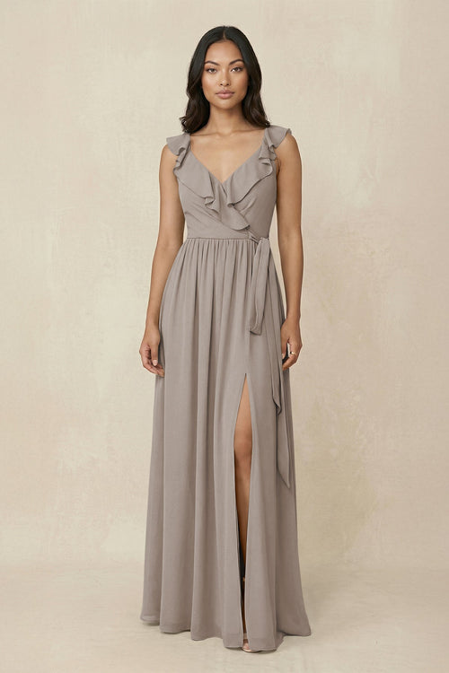 Frost Ruffled V-Neck A-Line Chiffon Bridesmaid Dress | KISSBRIDAL