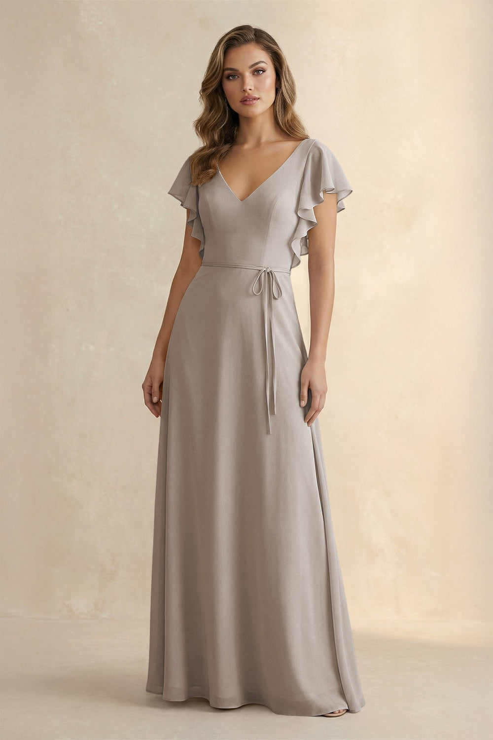 Ruffled V-Neck Chiffon A-Line Bridesmaid Dress in Frost