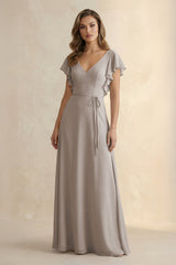 Frost Ruffled V-Neck Chiffon A-Line Bridesmaid Dress | KISSBRIDAL