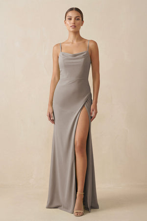 Frost Sheath Spaghetti Straps Chiffon Long Bridesmaid Dress | KISSBRIDAL